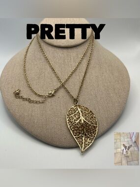 Very Long Gold Tone Leaf Necklace